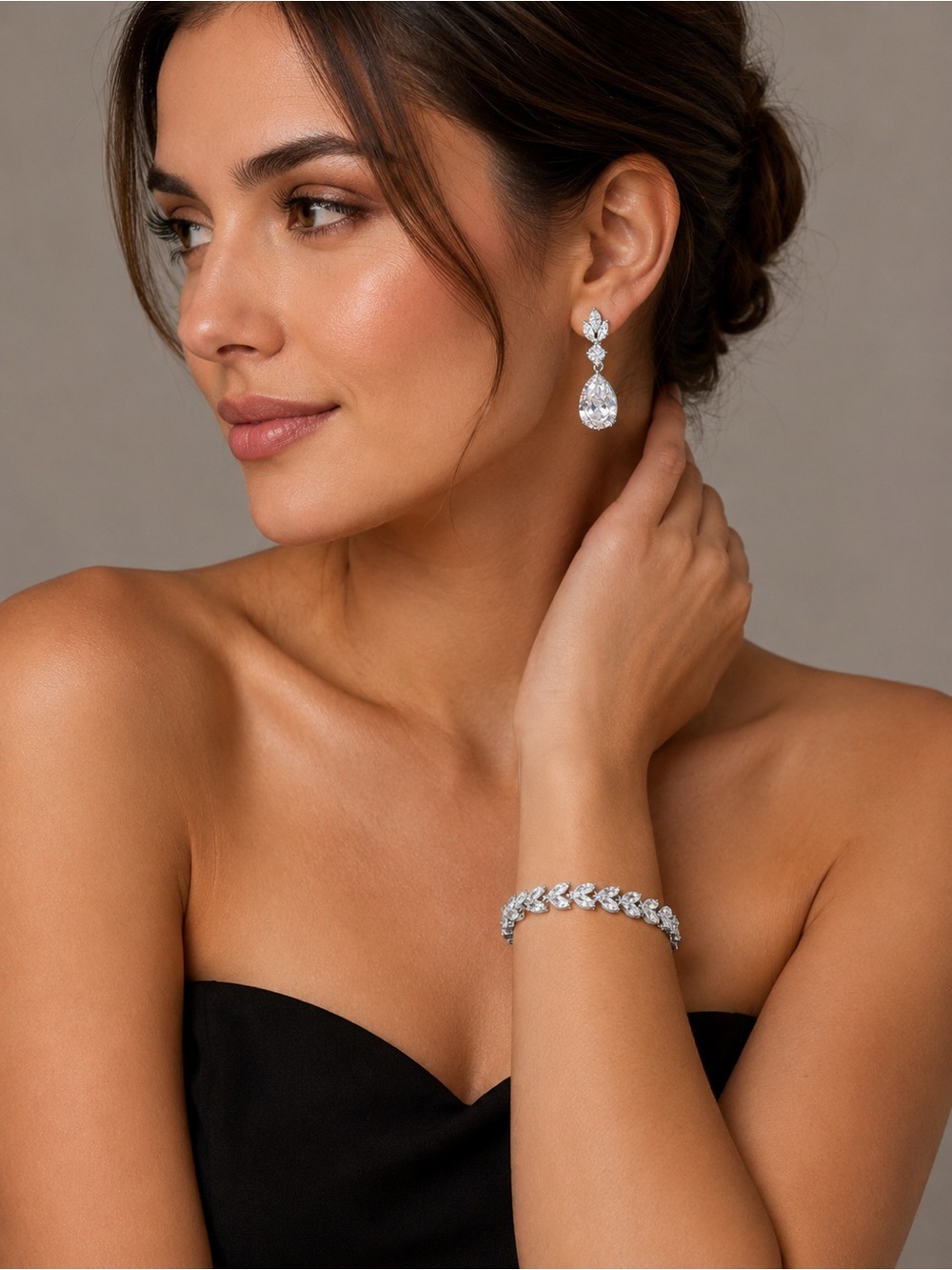 Bridal CZ Jewelry Set Teardrop Earrings + Marquise Bracelet Wedding Prom